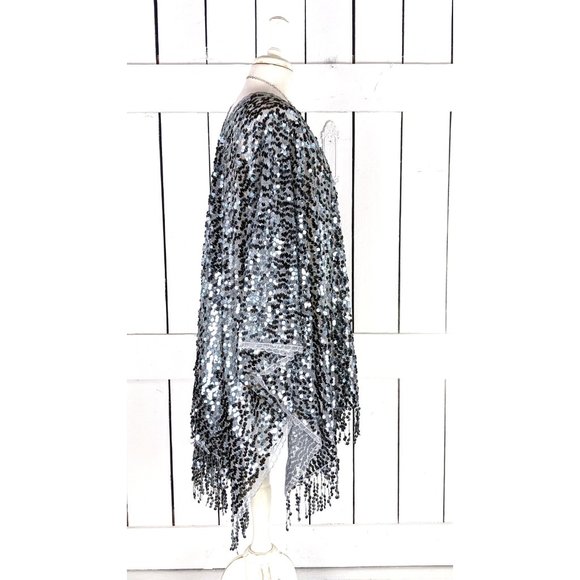 Gray silver round sequin kimono cover up cardigan fringe jacket - Picture 3 of 6